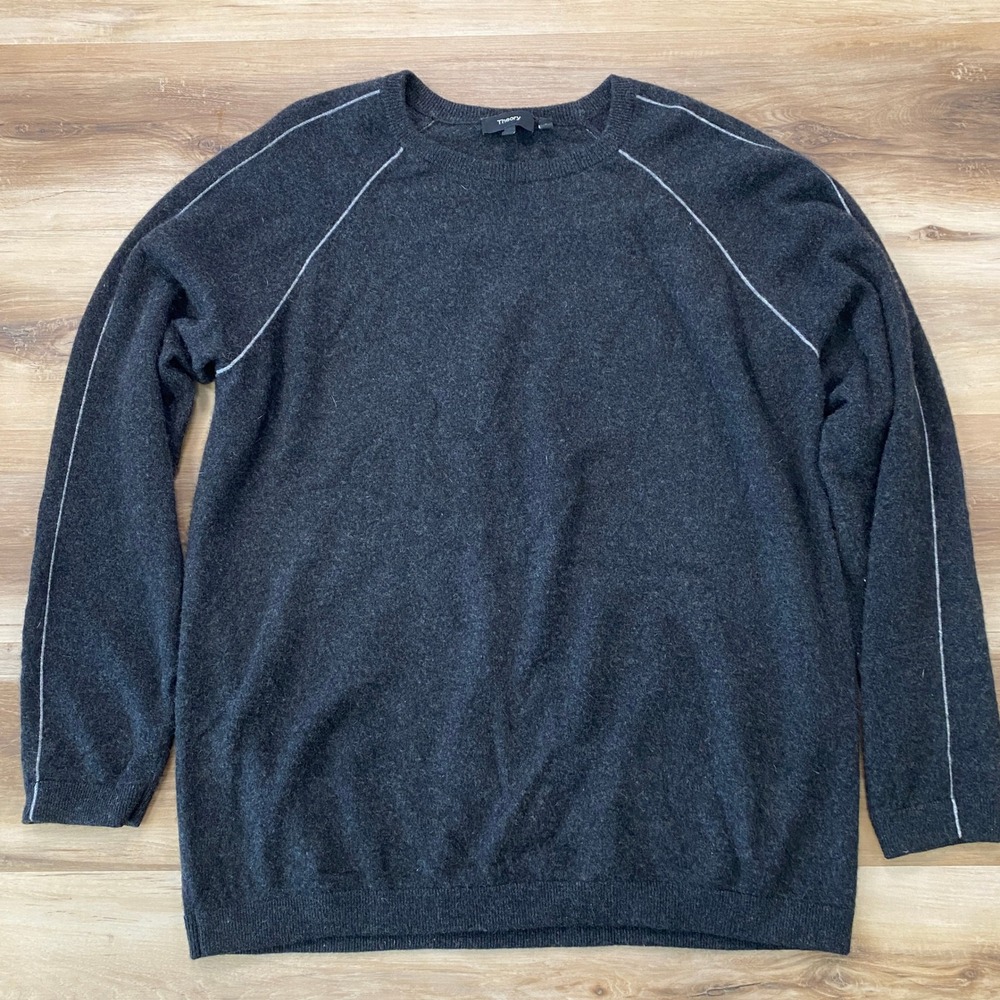 Theory Micah CR Sweater XXL Raglan Contrast Piping 100% Cashmere Grey